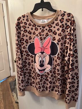 Disney XL Minnie Mouse Sweatshirt Leopard Cheetah Crew Neck Top Animal Print
